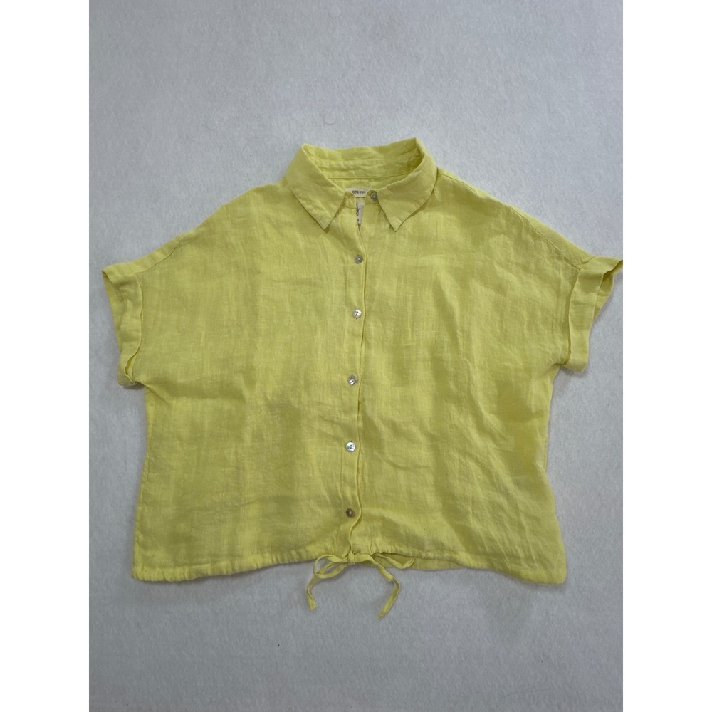 Joie Yellow 100% Linen Short Sleeve Button Down Drawstring Hem Shirt Size Medium